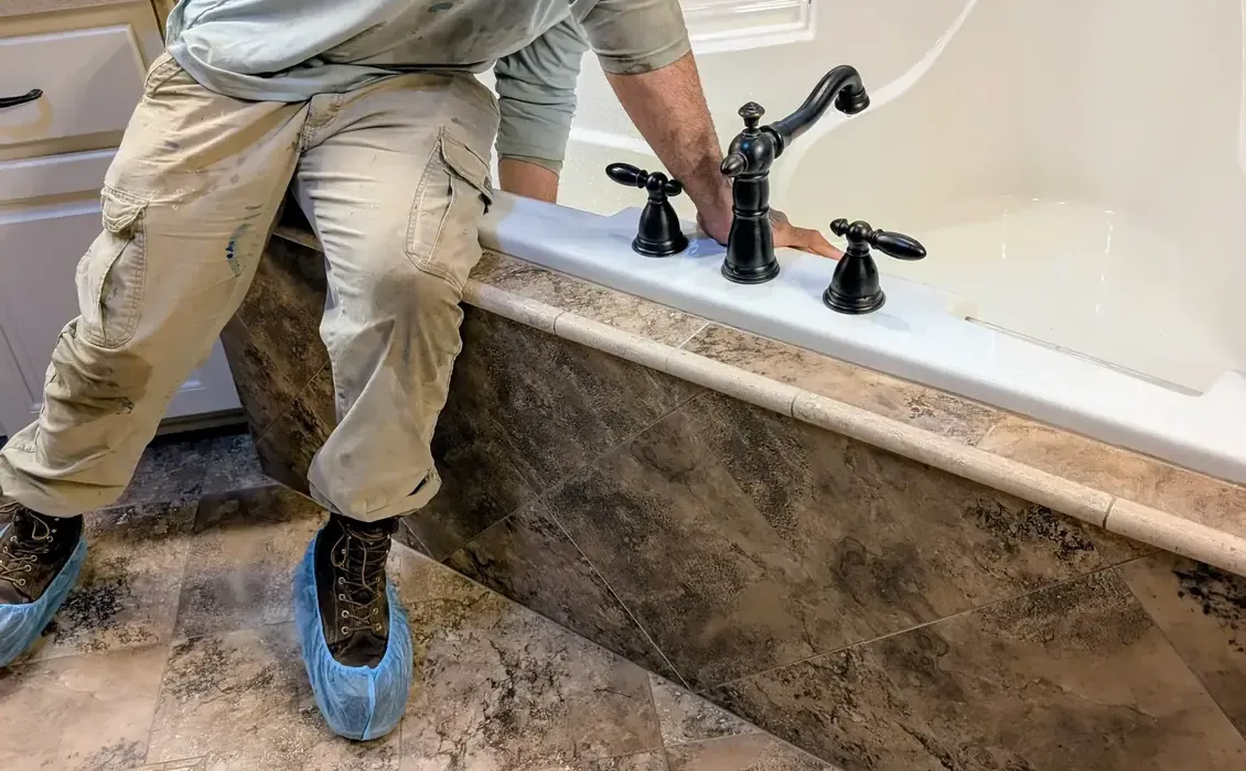 Diamond State Plumbing technician completing a custom shower installation with rain head