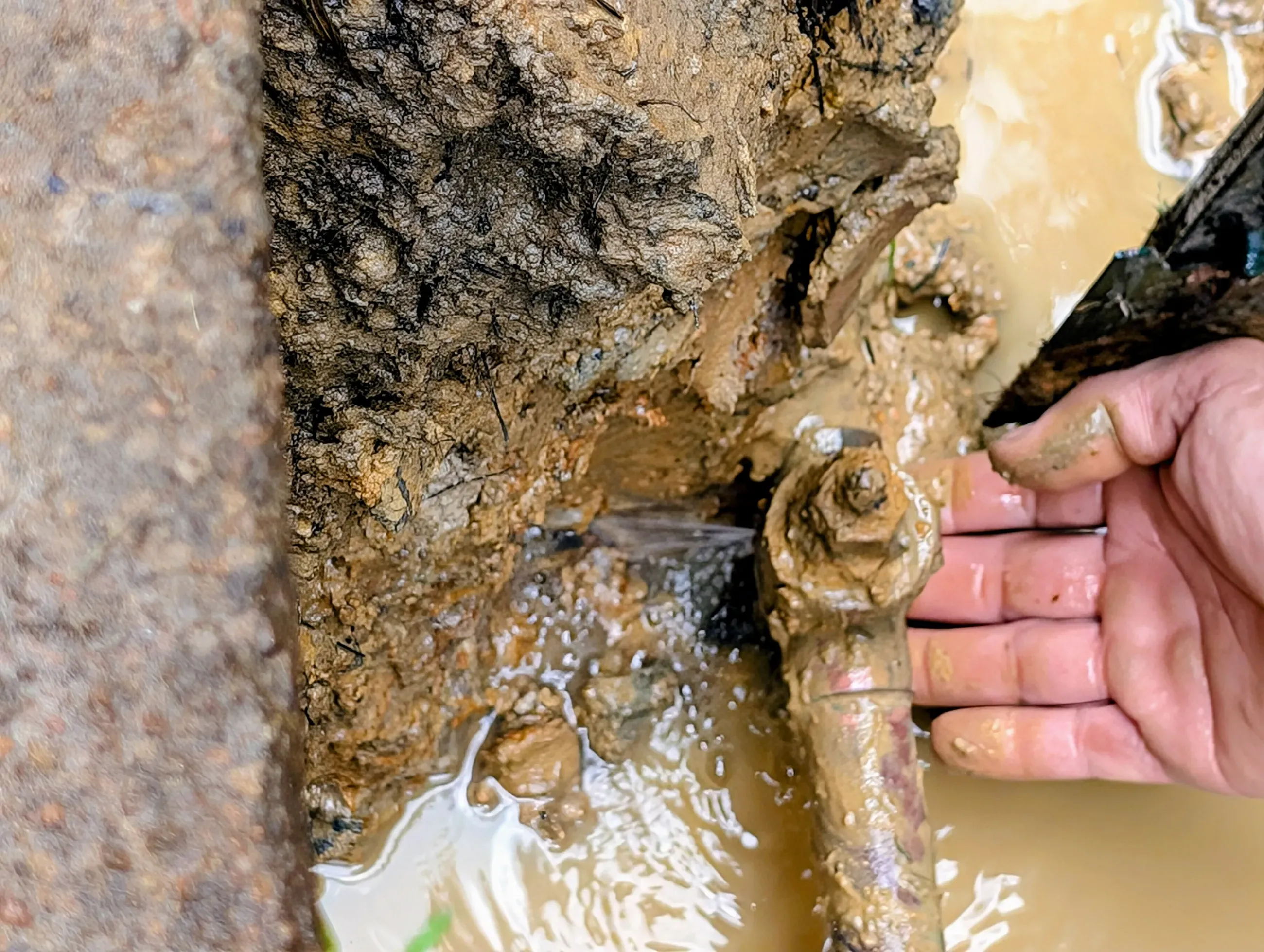 Water leaking from an exposed underground pipe connection found by Diamond State Plumbing