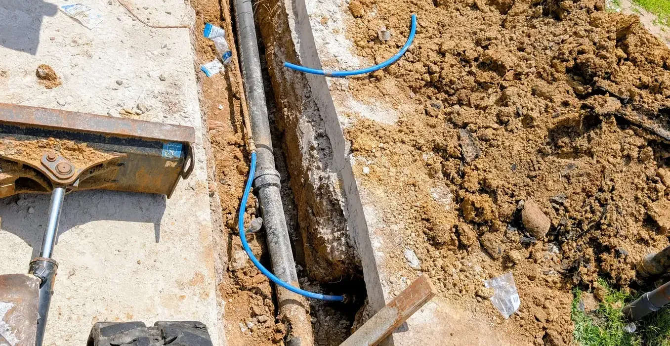 Excavated trench with old and new water service lines