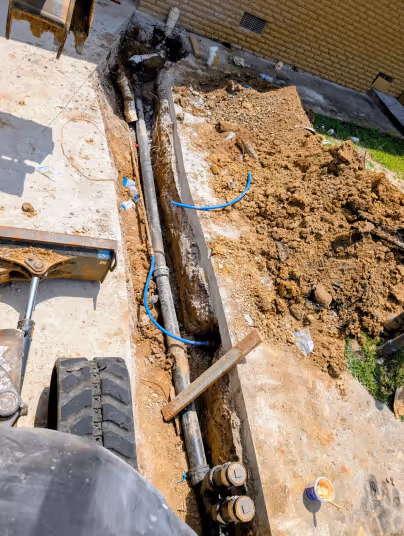 Excavated trench with old and new water service lines